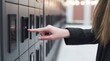 © Justlight - User pressing controls on a refrigerated locker in a highrise residential setting with emphasis on temperature display and fingerprint scanner while the stylish lobby remains out