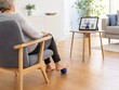 © Cantarela - Senior woman doing foot massage with spiked ball while watching online physiotherapy training on tablet at home. Patient doing physical rehabilitation exercise for foot health recovery.