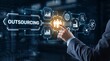 © Mary Patricia - Businessman touching virtual screen interface icon outsourcing option strategy business development concept diagram solution innovation management corporate network system