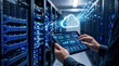 © LUMEN - Cloud computing in modern data center, server room with holographic cloud icon and digital network connection, IT infrastructure management on tablet screen by system administrator