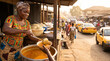 © Gunawan - An African woman in colorful traditional clothing serves hot local food from a large metal pot to a customer at a busy outdoor street market with yellow taxis in the background in Ghana.