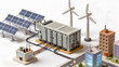 © Pisithi - A battery energy storage system linked with solar panels and wind turbines supports a smart grid, renewable energy integration, and reliable clean power for sustainable cities.