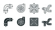 © Design Point - Industrial ventilation and hvac system airflow icons featuring duct elbow fan turbine square vent and distribution pipe