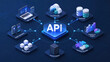 © Tati - Isometric 3D illustration of a central API hub connecting cloud services, databases, analytics, web and mobile apps, microservices, external systems and third-party services