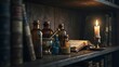 © Kitta Studio - Vintage Pharmacy Shelf with Amber Bottles Books and Candlelit Atmosphere