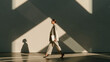 © pattozher - Confident Strides in Sunlight: A woman in a stylish suit walks with purpose, casting a long shadow against a wall illuminated by geometric patterns of sunlight.