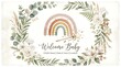 © Shibly Sadik - Welcome Baby shower invitation card design featuring a cute boho rainbow and floral wreath frame for announcements