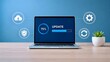 © resky - 3D render of modern laptop computer with system software update loading progress bar and floating cloud security icons on wooden desk.
