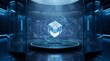 © JUST 4U STOCK  - Futuristic Data Cube Hovering Inside a High Tech Digital Laboratory Research Chamber