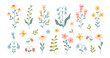 © Anna Bova - Set of summer abstract hand drawn flowers. Cute floral doodle elements, wildflower and garden, camomile, strawberry, plants, leaves and herb. Beautiful blooming meadow flowers. Vector illustration.
