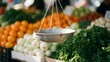 © Nur - Fresh produce market scale balanced over vibrant organic vegetables and fruits display