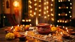 © JAHANARA - Beautiful traditional clay diya lamp lit for diwali festival celebration with marigold flowers and bokeh lights in the background