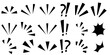 © Jennie - Black emphasis marks and comic emotion lines set with exclamation points, question marks, and action rays. Manga speech bubble details on white background for graphic design.
