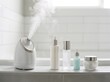 © Sujon - Facial steamer device and skincare products displayed on bathroom counter surface.
