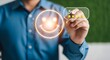 © RAYHANAHMED - Business person showing a five star rating and a happy face emoji icon on a digital touchscreen display to express great customer service satisfaction and positive feedback experience