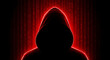 © Zain khan - Anonymous hacker in a hoodie. Cyber criminal with red digital binary code background.
