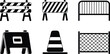 © Golapi - Road barrier icon set featuring construction site safety fences, traffic control symbols, and black and white vector elements for transportation design.