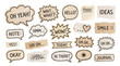 © simran - Collection of hand-drawn speech bubbles and notes with handwritten phrases on textured paper as PNG asset