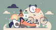 © lembergvector - Healthy lifestyle concept with woman meditating, sports shoes, bicycle, fruit, water bottle, clock and heart icon promoting fitness, nutrition balance, featuring black character, vector illustration