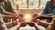 © TCyamauti - Premium background for International Women's Equality Day within a scene of diverse hands creating a circle around a glowing center, inclusion, diversity, unity, and social equality