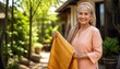 © ArtSync Studio - Smiling Mature Asian Woman Holding a Piece of Traditional Handwoven Yellow Fabric Outdoors