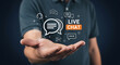 © DA_STOCK - Live chat customer support concept, businessman holding digital communication icons, online help desk