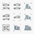 © Ojo - Corporate Sketch Illustrations of Various Cars and Modern Buildings with Parking Dimensions with high quality professional line art symbols for modern creative design and digital branding projects