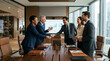 © Sofia - Business handshake in modern boardroom, colleagues celebrating success, city view