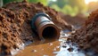 © Nataly - Construction site with open drainage pipe spilling water into muddy ground at sunset. This drainage situation illustrates the challenges of managing water flow in construction areas.