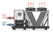© Zaiteva Irina - Industrial water chiller vector icon. Linear HVAC engineering element of central air conditioning system with v-shaped condenser and compressor.