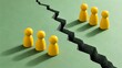 © Kathy Mathews - Yellow Wooden Figures Divided by a Deep Zigzag Crack Representing Social Polarization Conflict Disagreement and Segregation in Society