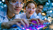 © Aliaksandra - Three young scientists wearing safety glasses collaborate on an illuminated laboratory experiment, representing teamwork, innovation, and scientific discovery