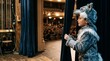 © SashaMagic - Young boy in wolf costume peeks from behind theater curtain towards audience, backstage view