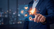 © Stock Steps - Businessman touching glowing rocket icon on interactive screen displaying business startup development strategy icons for innovation corporate success and visual digital technology expansion