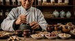 © Angavlan - Traditional herbal medicine preparation by elderly man with various herbs and ingredients on wooden table. Herbalist combines medicinal elements for healing purposes in an ancient practice.