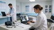 © JohnLee - Healthcare assistant analyzing electronic patient records on laptop beside X-ray display in contemporary hospital office.