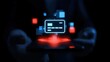 © Thi - card guides businessperson with device while algorithm video date and fund strengthen technology operations