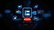 © Thi - card guides businessperson with device while algorithm video date and fund strengthen technology operations
