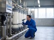 © Solonery Tech - Male technician in blue overalls inspecting industrial water filtration system with flashlight and digital tablet.