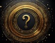 © John - abstract golden dotted circle frame made of question marks on black and transparent base