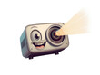 © Tariq - Funny cartoon projector character with happy face, cute digital cinema projector emitting light beam, friendly movie equipment mascot on white background