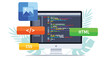 © Yekes Peodn - Front end web development concept with computer monitor showing programming code and floating icons for html css and image files on white background space.