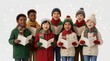 © Mohammad Sumon - Diverse group of happy children singing christmas carols together while wearing warm winter clothes and holding song books