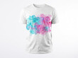 © MONIRUJJAMAN - Abstract pink and blue watercolor splash on white t-shirt mockup isolated on studio background for clothing apparel branding graphic design use.