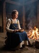 © Valistrum - An elderly woman dressed in historical Viking attire sits by a crackling fireplace, holding a wooden bowl in her lap, embodying a sense of quiet reflection and ancient life