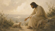 © Yelyzaveta - Jesus Christ gently reaching toward a small lamb at sunset, peaceful Christian watercolor illustration of the Good Shepherd, compassion and divine care
