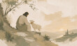 © Yelyzaveta - Jesus Christ sitting beside a lamb beneath a tree at sunset, serene Christian watercolor illustration of the Good Shepherd, peace and divine care