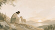 © Yelyzaveta - Jesus Christ gently helping a lost lamb on a hillside at sunset, symbolic Christian watercolor illustration of compassion, rescue and divine mercy