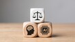 © Yaya - Wooden blocks stacked with icons of justice scales, a human profile, and an AI chip, portraying the delicate balance of ethics, law, and artificial intelligence.