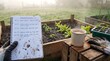 © bashkirovaphoto - A gardener reviews plant notes and sips tea by raised garden beds on a misty morning. This highlights sustainable lifestyle and organic food cultivation challenges.